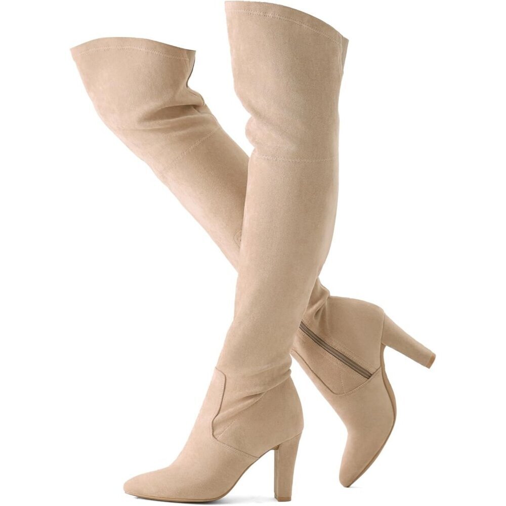 Women Khaki Suede Stretch Thigh High Over The Knee Chunky Heel Pointed Toe Boots